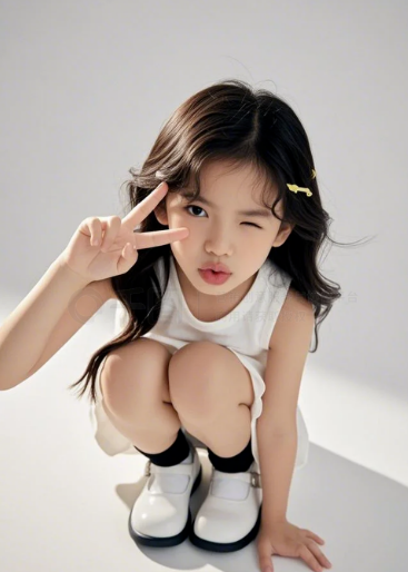 小女孩穿校服裙子蹲着拍照的可爱瞬间